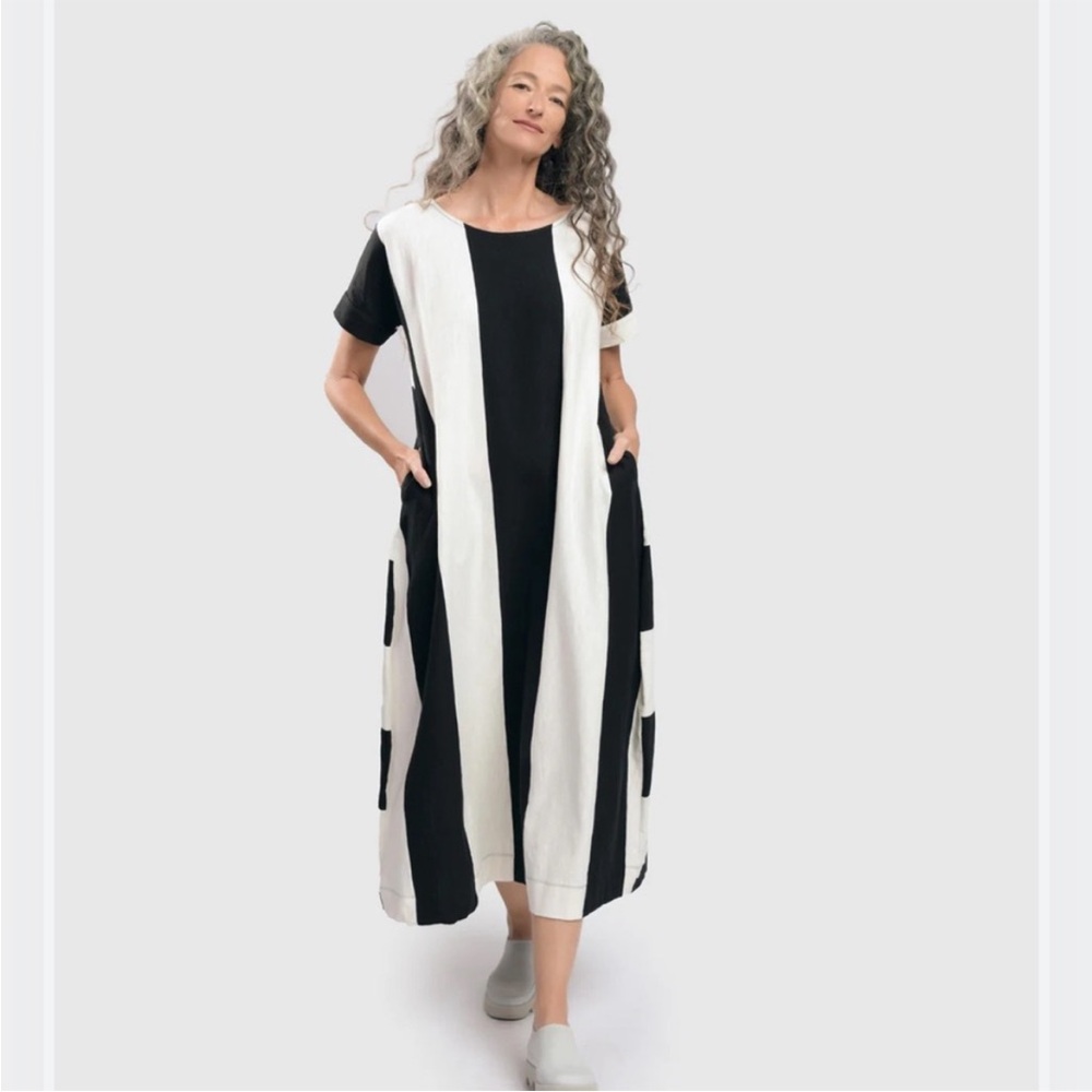 Alembika Anna striped maxi dress A line pockets oversized lagenlook sz XS